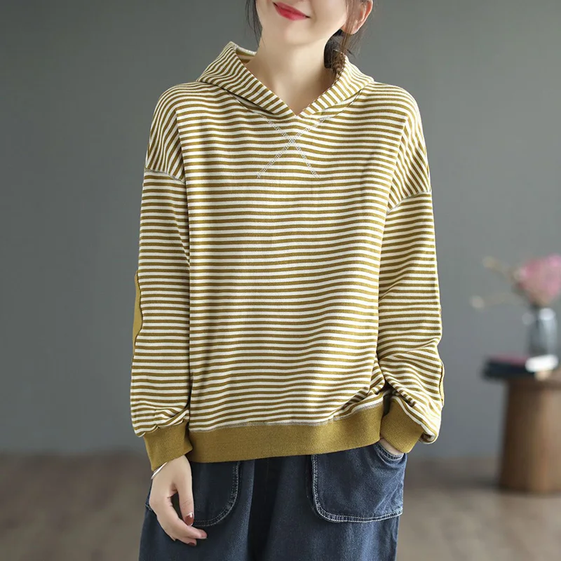 

Stylish Hooded Spliced Korean Striped T-Shirt Women Clothing 2022 Autumn New Oversized Casual Pullovers Loose Commute Tee Shirt