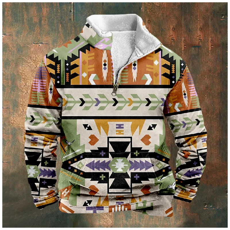 

New Christmas Cotton Jacket Hooded Sweater Casual Print Men's Long Sleeve Standing Neck Half Zip Sweater Inner Cut a29