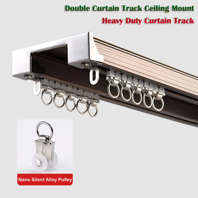 Nordic Double Curtain Track Ceiling Mount Heavy Duty Curtain Track Rail System With Nano Alloy Pulleys For Bedroom & Living Room
