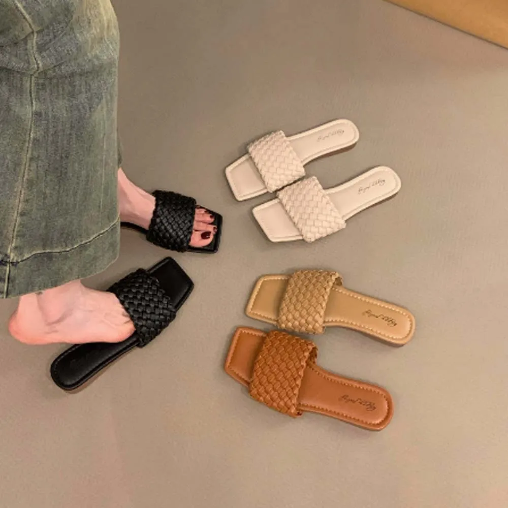 

2025 New Womens Flat Sandals Fashion Square Open Toe Slip On Slides with Braided Strap Slippers Mules for Summer Beach Walking