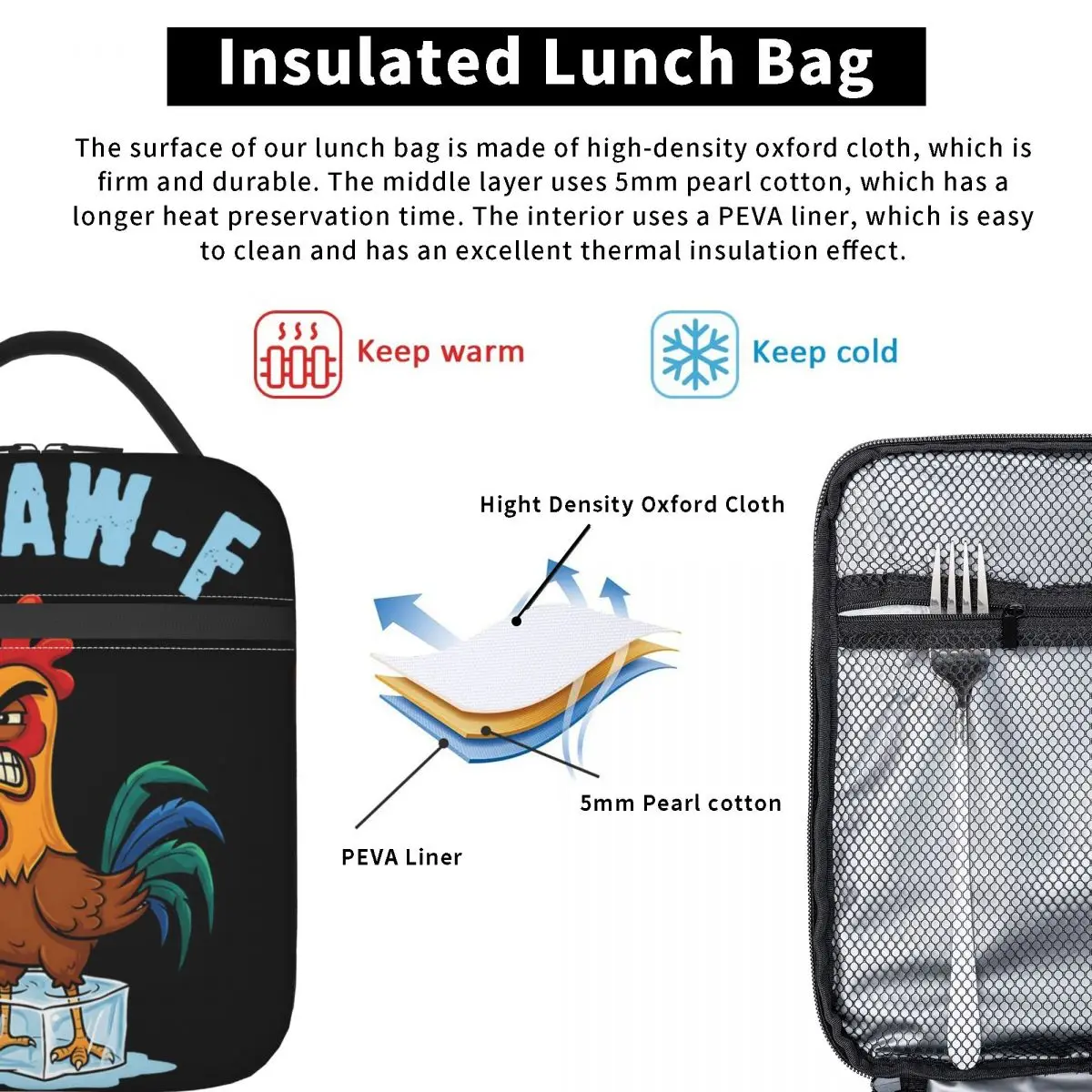 الدجاج F-CAW-F حقيبة الغداء الجمالية علب الاغذية مكتب المحمولة سستة أكياس الغداء الحرارية للفتيات مقاوم للماء الرسم حقيبة للحفاظ على البرودة #3