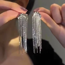 New Fashion Trend Metal Silver Color Arc Long Round Bead Tassel Stud Earrings for Women Elegant Temperament Girls Party Jewelry