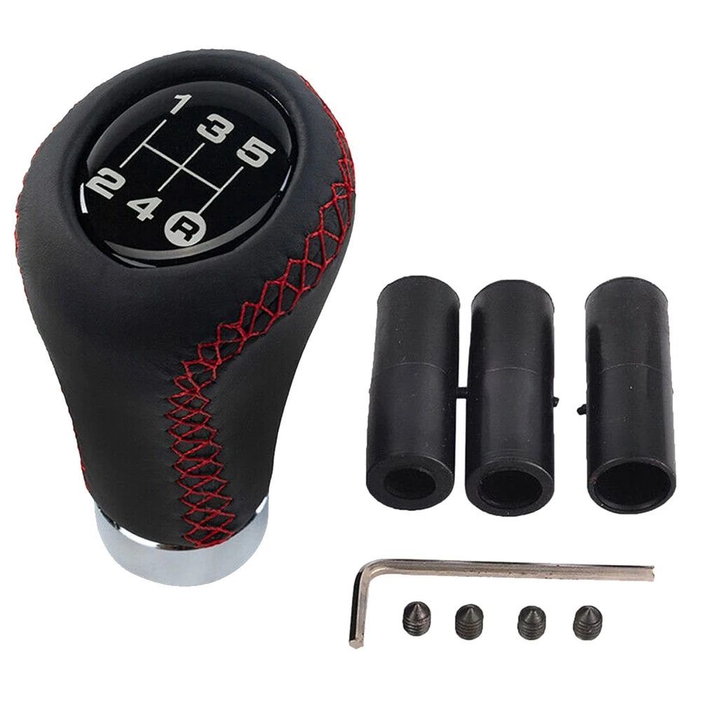 5 Speed Leather Stick Shift Knob Car Gear Shifting Shifter Lever Knobs Head Fit for Most Manual Vehicle, Black Leather