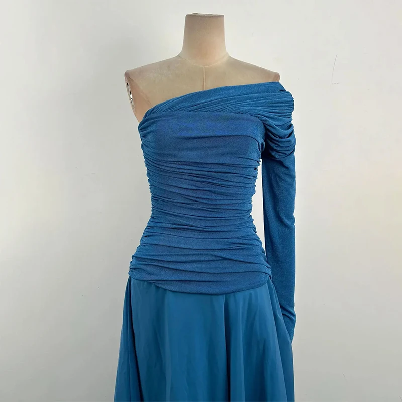 Abito lungo aderente a maniche lunghe monospalla da donna con collo drappeggiato e smock a strati Abiti per invitati a un matrimonio Abiti per le vacanze