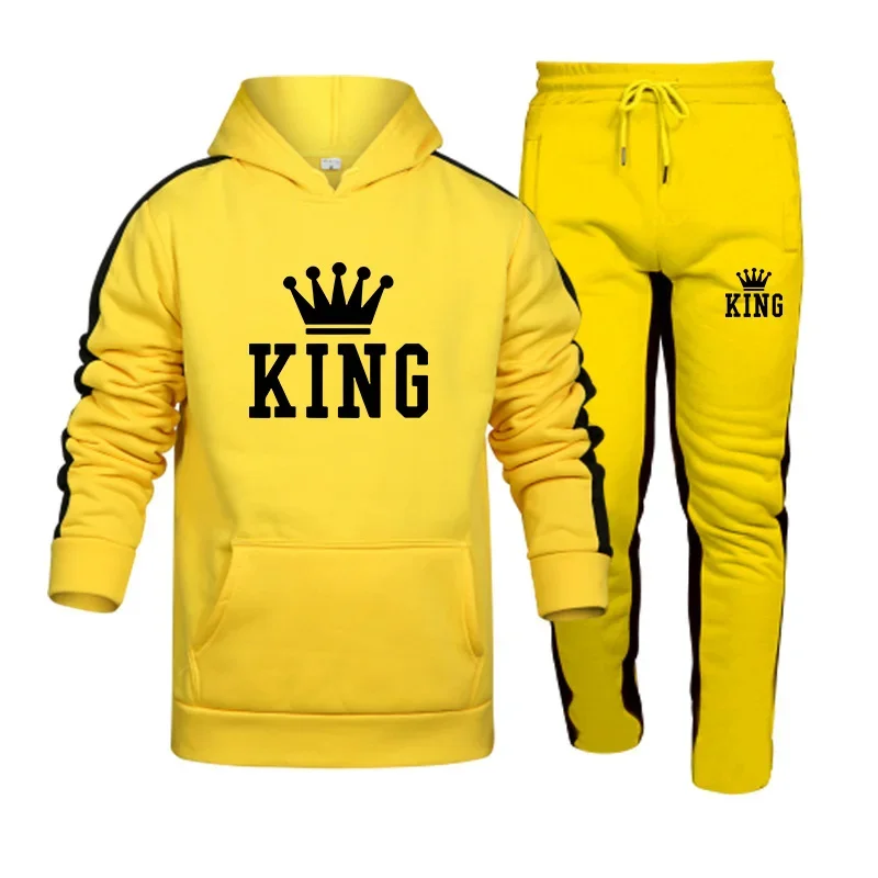 Autumn Winter Mens Tracksuit King Printing Casual Hooded Sweatshirt Suit Daily Jogging Sports Clothing High Quality 2 Piece Set