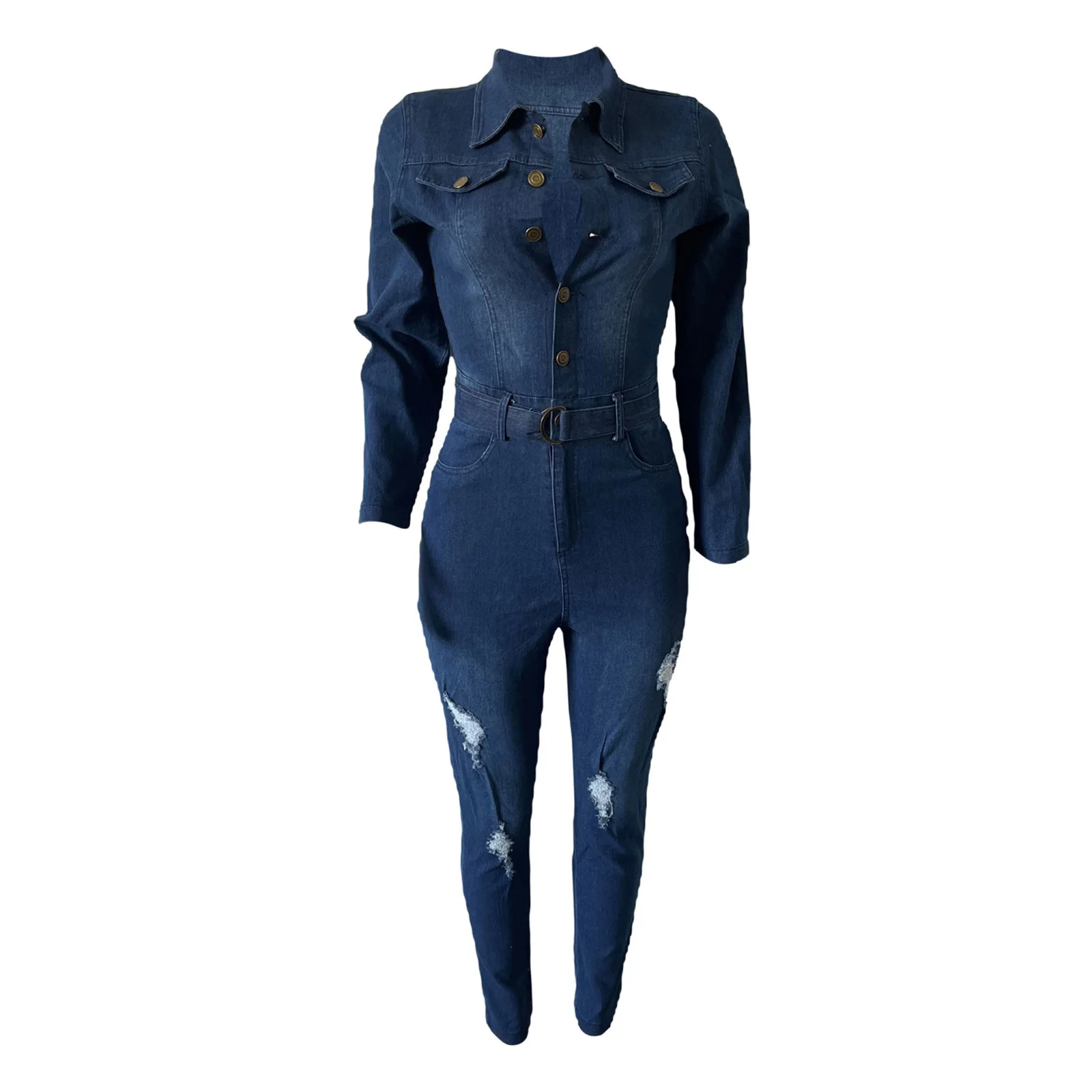 Combinaison en jean Slim pour femmes, élégante, avec ceinture de taille, revers, manches longues, boutons sur le devant, déchiré, Leggings, barboteuse, Streetwear