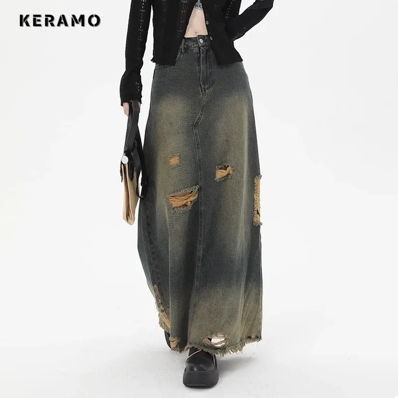 2024 Spring Vintage High Street Retro Ripped Denim Skirt Women's Grunge High Waist Y2K High Street Tassels Lady Trashy Skirt