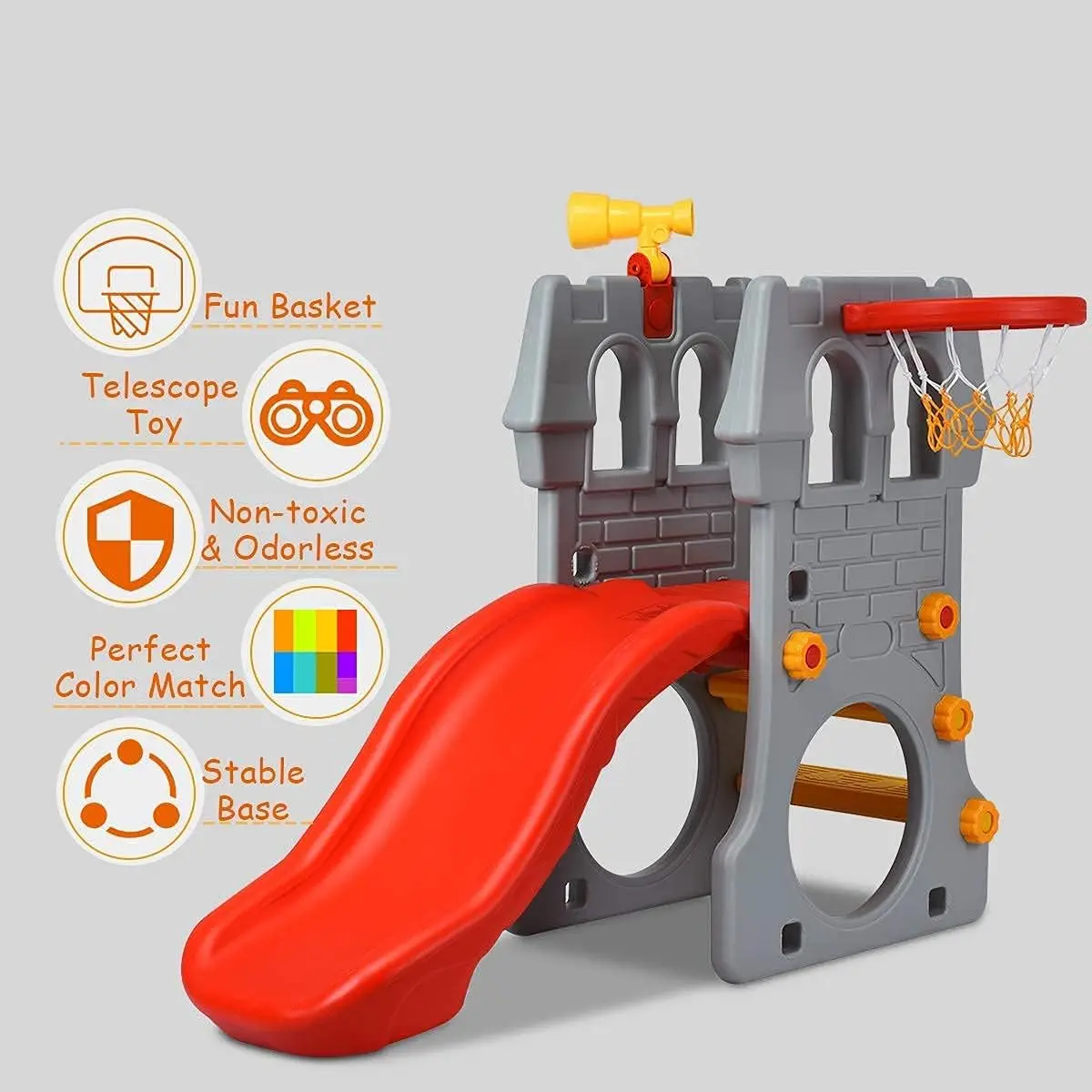 Toddler Slide Playground Climber Set, 5 in 1 Slide for Kids with Basketball Hoop, Telescope, Crawl Through Space, Easy Climb Sta