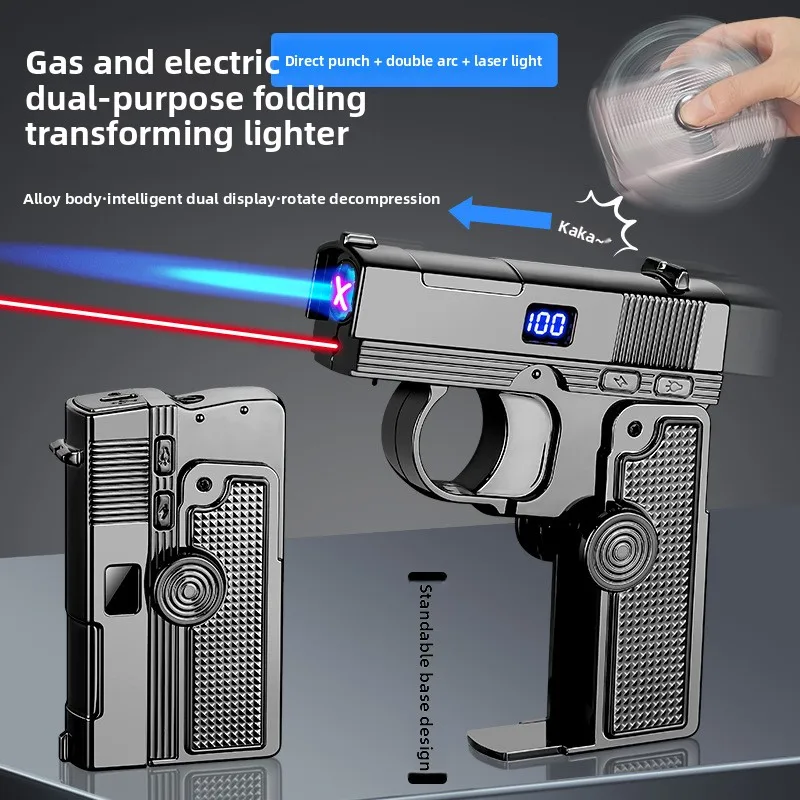 Desktop Double Flame Folding Gun Type Jet Blue Flame Torch Lighter Digital Battery Display Double Arc Pulse Electric Lighters
