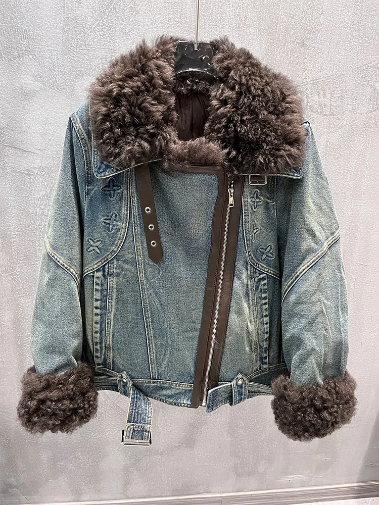 2025 Herfst Winter vrouwen Denim Ganzendons Jassen Met Natrual Echte Schapen Lam Bontkraag Vrouwen Uitloper Luxe Vrouwelijke jas