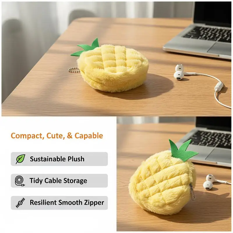 Cute Fluffy Plush Fruit Shaped Coin Purse, Cartoon Mini Zipper Wallet, Keychain Bag Pendant, Earphone Storage Pouch for Girls