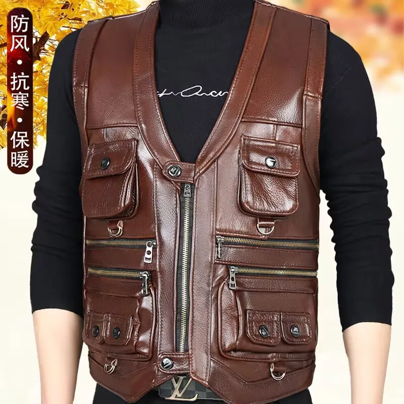 Cowhide Genuine Leather Man Vest Waistcoat Male clothing Jacket Thick Motorcycle Multi Pocket leather biker Men safety vest