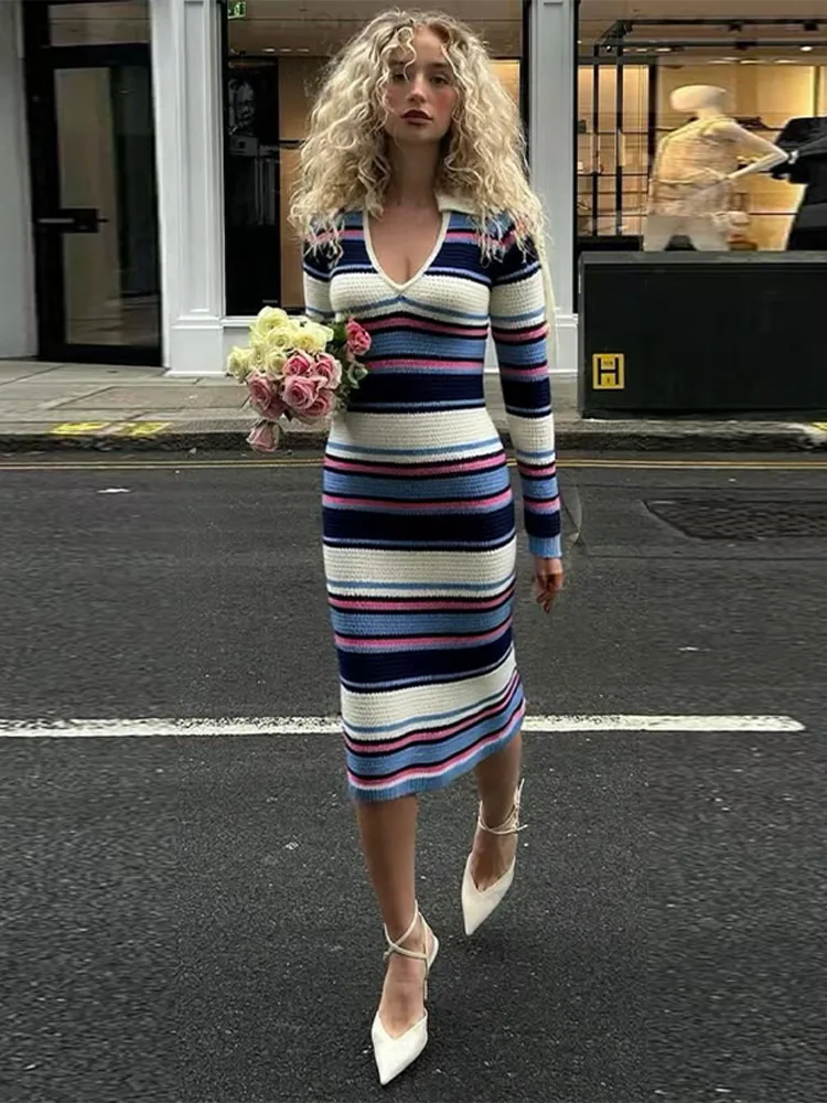 

Женское трикотажное платье с V-образным вырезом, в полоску, с лоскутным узором, с длинным рукавом, с отложным воротником, облегающее, для весны и осени, сексуальное, персикового цвета, для офиса