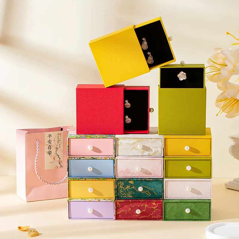 

Drawer Jewelry Packaging Box with Pearl Handle Necklace Ring Earrings Bracelet Storage Organizer Display Stand Paper Gift Box