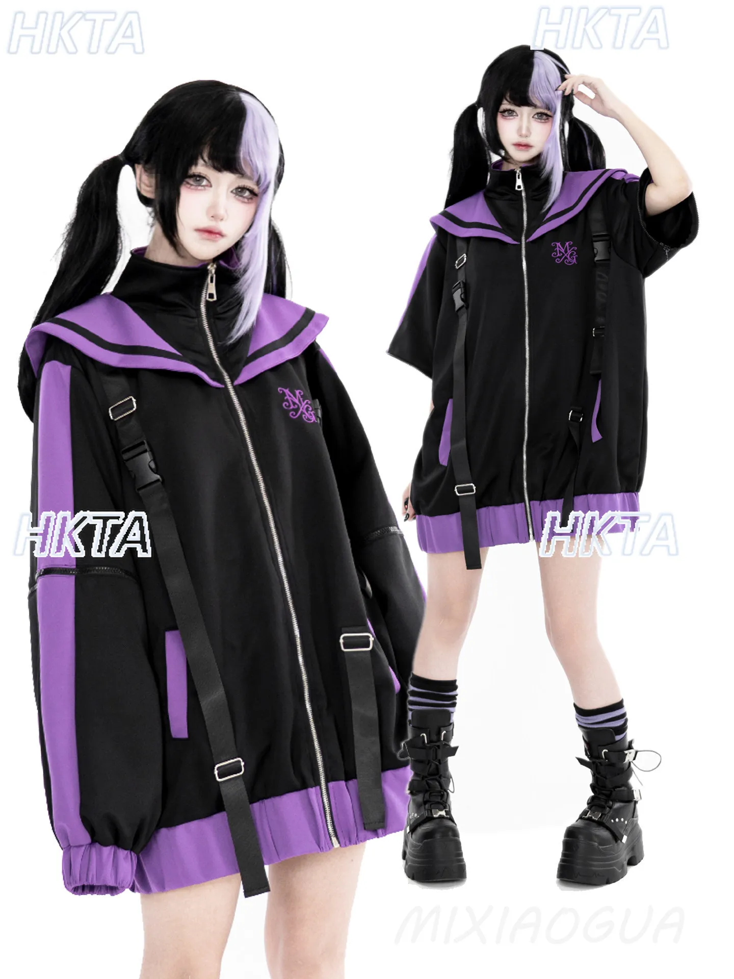 Japanese Autumn hoodie Coat Subculture Retro Two Dimensional Functional Letter Embroidery Contrasting Color Loose Jackets Women