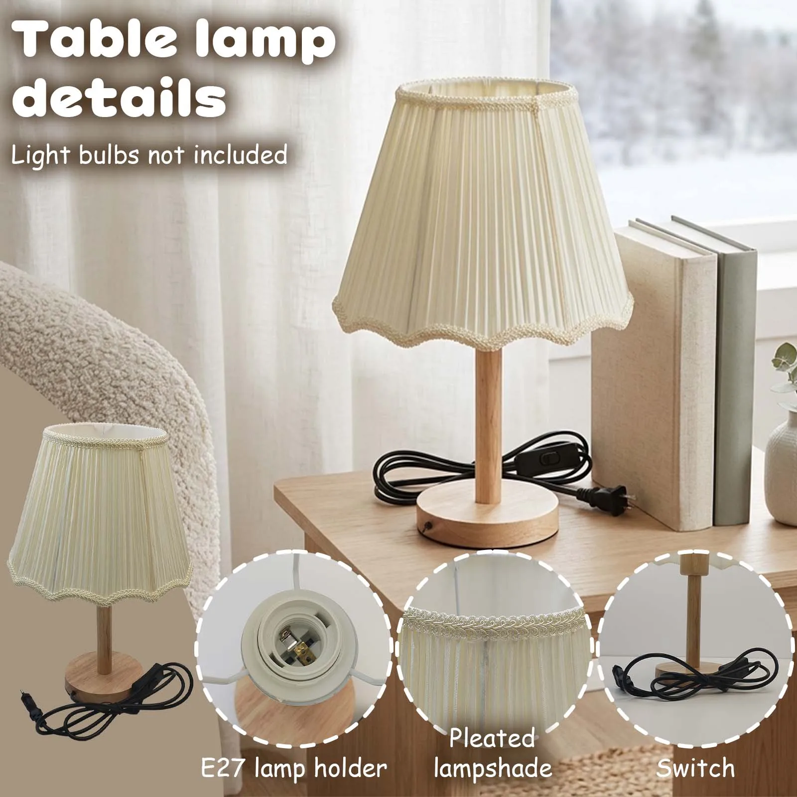 Table Lamp, White Pleated Fabric Shade, Lace Trim, Solid Wood Base, E27, Nordic Bedside