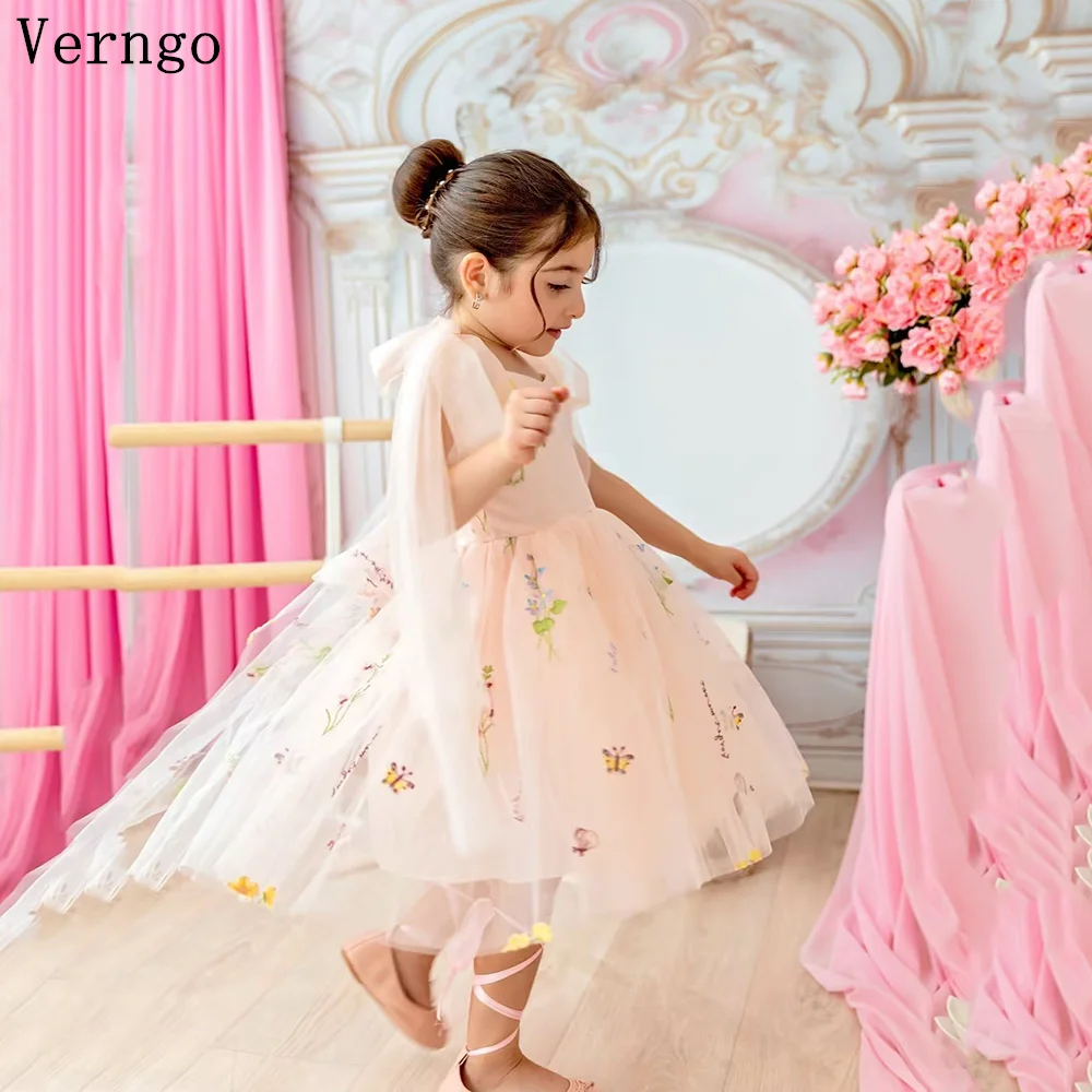 

Verngo Ligh Pink Appliques Girl Dress Spaghetti Straps A Line Princess Tutu Dress Kid Tiered Flowers Dresses Banquet Customized