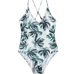 New Sexy One Piece Swimsuit Swimwear Women Green Leaf Print V-neck Cross Back Straps Bathing Suit Beachwear Trajes De Bano Mujer