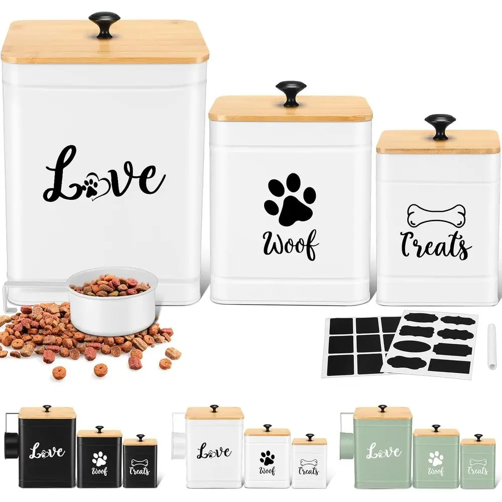 

Dog Treat Containers Set of 3 with Bamboo Lids and Spoon, Airtight 7+3+2 lbs Dog Food Snack Jars with DIY Labels, Big Pet Cookie
