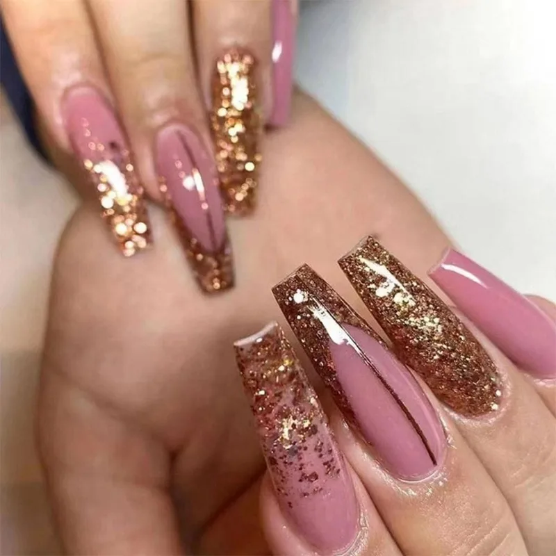 

24Pcs Fake Nails Long Trapezoidal Gold Glitter French Tips in Peachy Pink Press-On Nail Tips Perfect for Gift To Girl and Friend