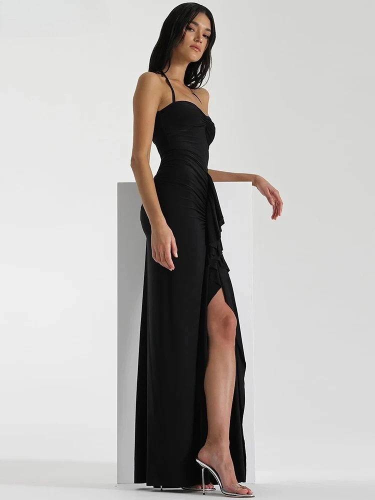 Robe à volants et franges pour femmes, col licou, dos nu, fendue, froncée, hanche pêche, moulante, pour soirée de mariage