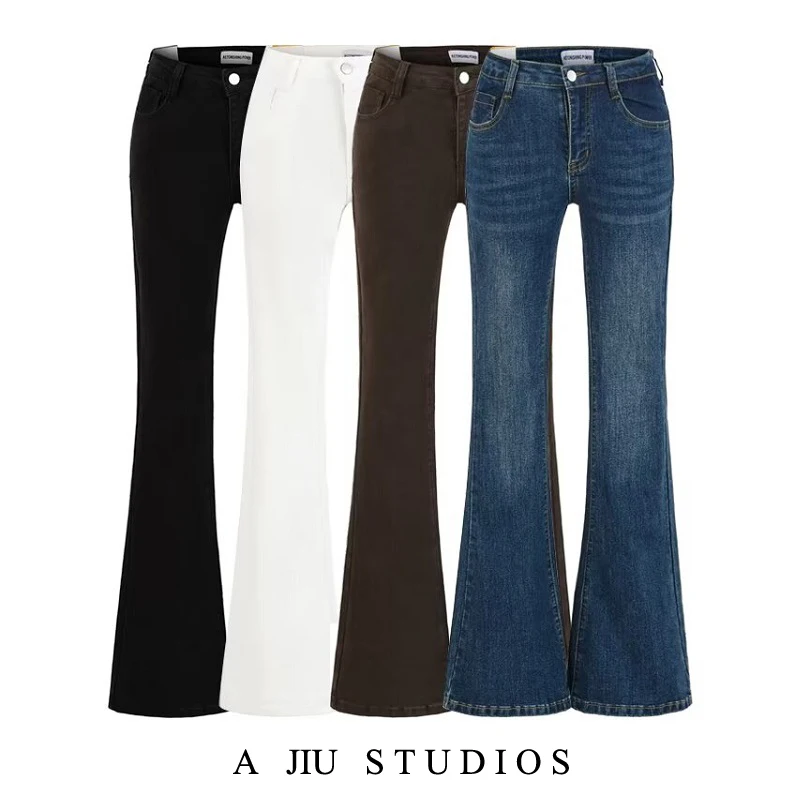 

American Sle Vintage Waed Low Waist Bell Bot Jeans Women's Casual Slimming Long Pants Autumn Versatile Floor Length