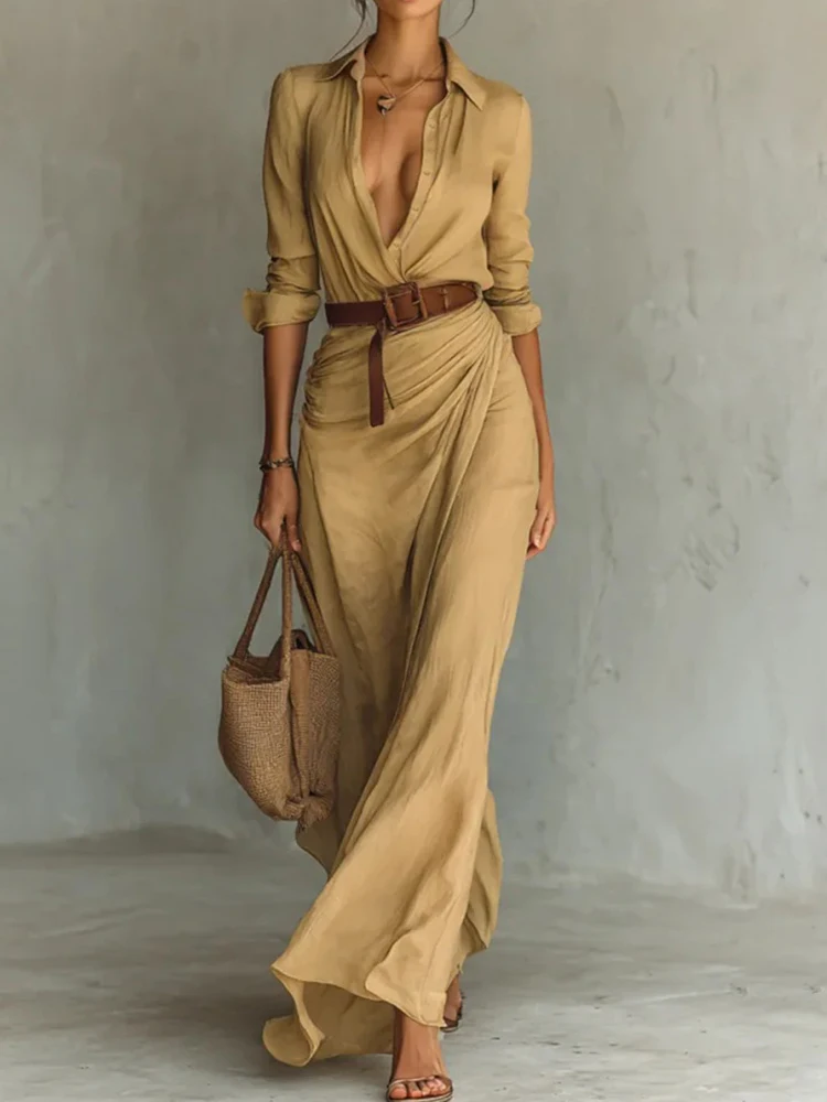 Lente zomer chique maxi-jurk met lange mouwen, dames turn-down kraag eenvoudige feestjurk, 2025, effen patchwork damesjurk vestidos