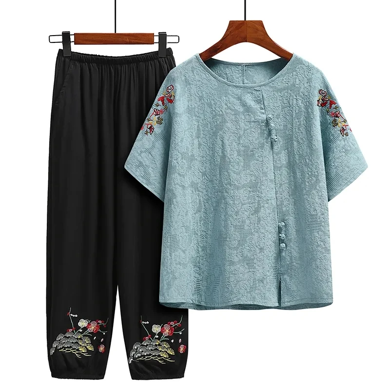 Middle-Aged Elderly Women's Suits Summer Embroidered Cotton Linen T-Shirt Tops+Elastic Waist Pants 2 Pieces Sets Grandma Outfit