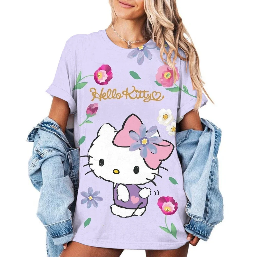 

Женская футболка Hello Kitty, модная футболка с принтом, женская футболка с коротким рукавом для отдыха, летняя популярная удобная футболка 2025 г.
