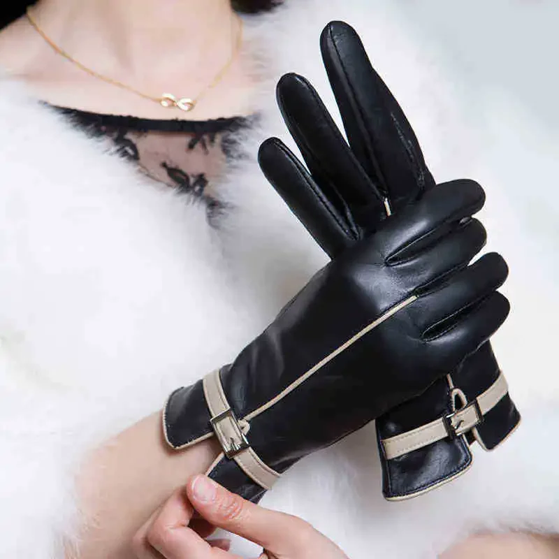 Women's Touchscreen Leather Gloves Accessories Winter Warm Fleece-lined Genuine Leather Thermal Fashionable Lady's Mittens Glove
