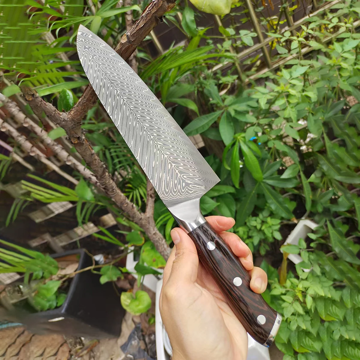 

8-дюймовый нож Santoku, 73 слоя дамасской стали, лезвие, острый нож шеф-повара, японские кухонные ножи, деревянная ручка, инструменты для приготовления пищи