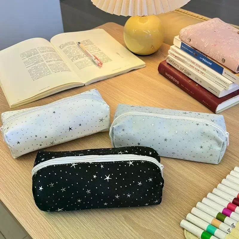 Multicolor Star Print Canvas Pencil Case Multi-functional Portable Zippered Pen Pouch Large Capacity Portable Cosmetic Bag