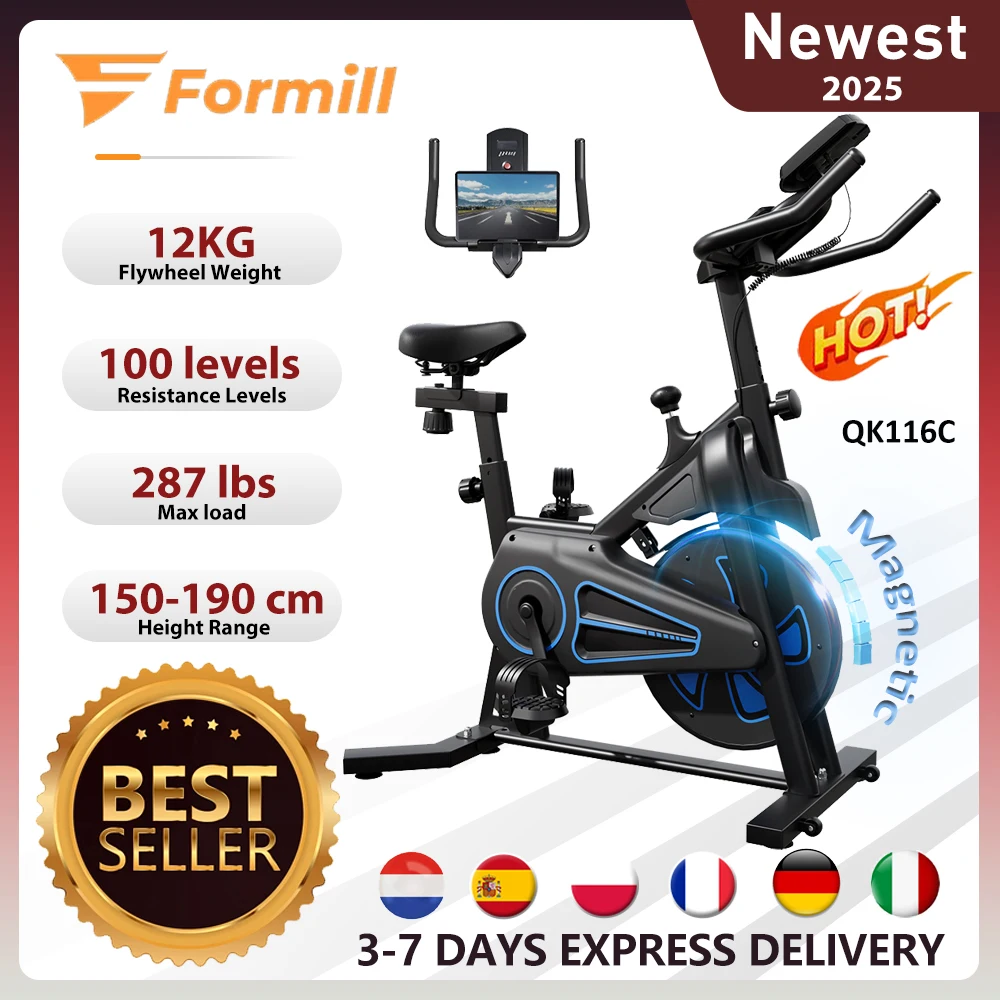 Vélo d'intérieur magnétique Formill QK116C, volant d'inertie de 12 kg, 287 lb, résistance à 100 niveaux, écran LCD, courroie silencieuse, cardio à domicile
