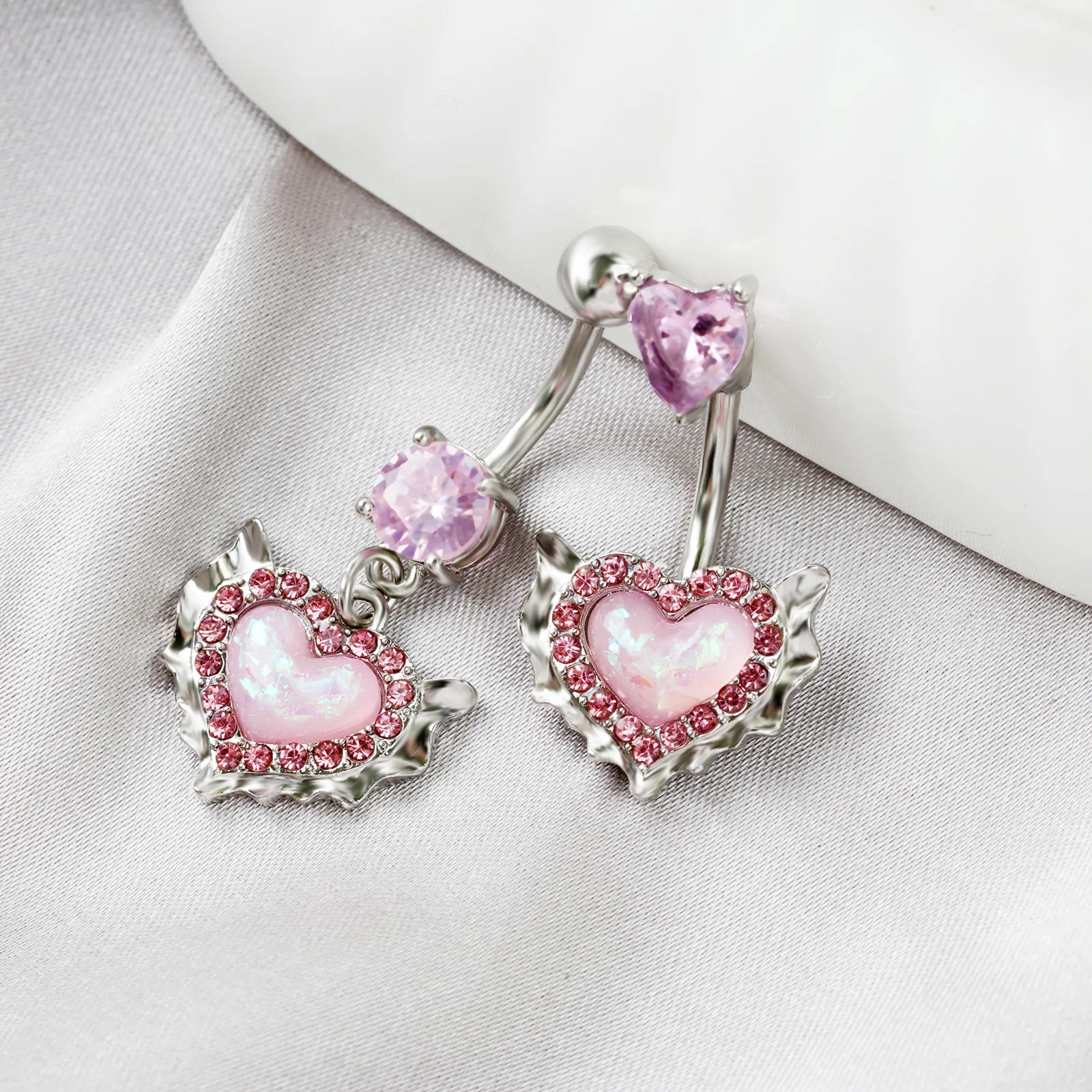 Fashion Pink Heart-shaped Navel Piercing Belly Bar Studs Creative Love Opal Belly Button Piercing Ombligo Rings Jewelry