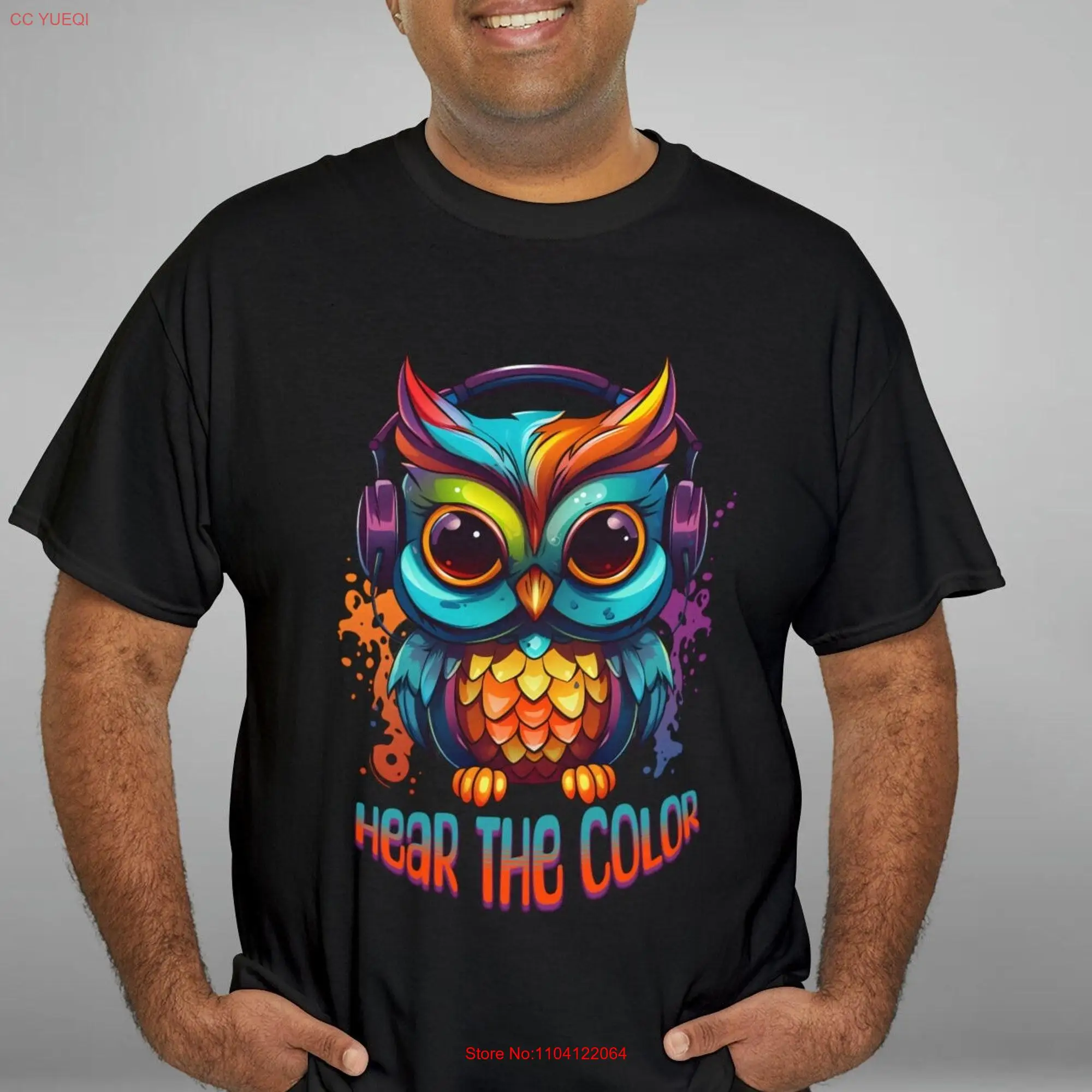 Colorful Owl Hear The Color Heavy Cotton T Shirt long or short sleeves