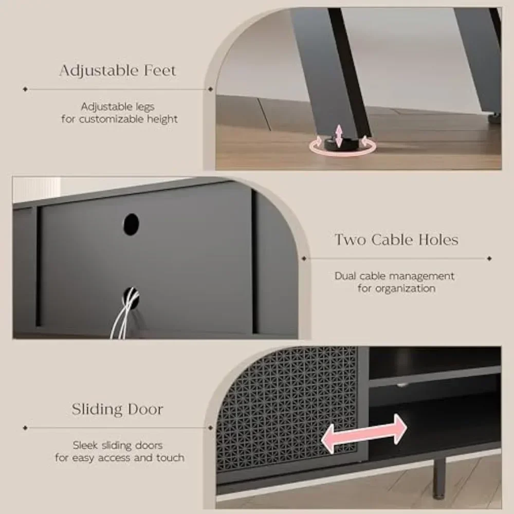 65 TV de 70 polegadas, console de TV moderno de vime de ferro com porta deslizante, console de mídia para sala de estar e quarto