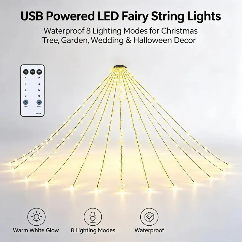 Waterproof USB LED String Lights, 8 Lighting Modes for Christmas Tree Wedding Garden Holiday Decor view 3