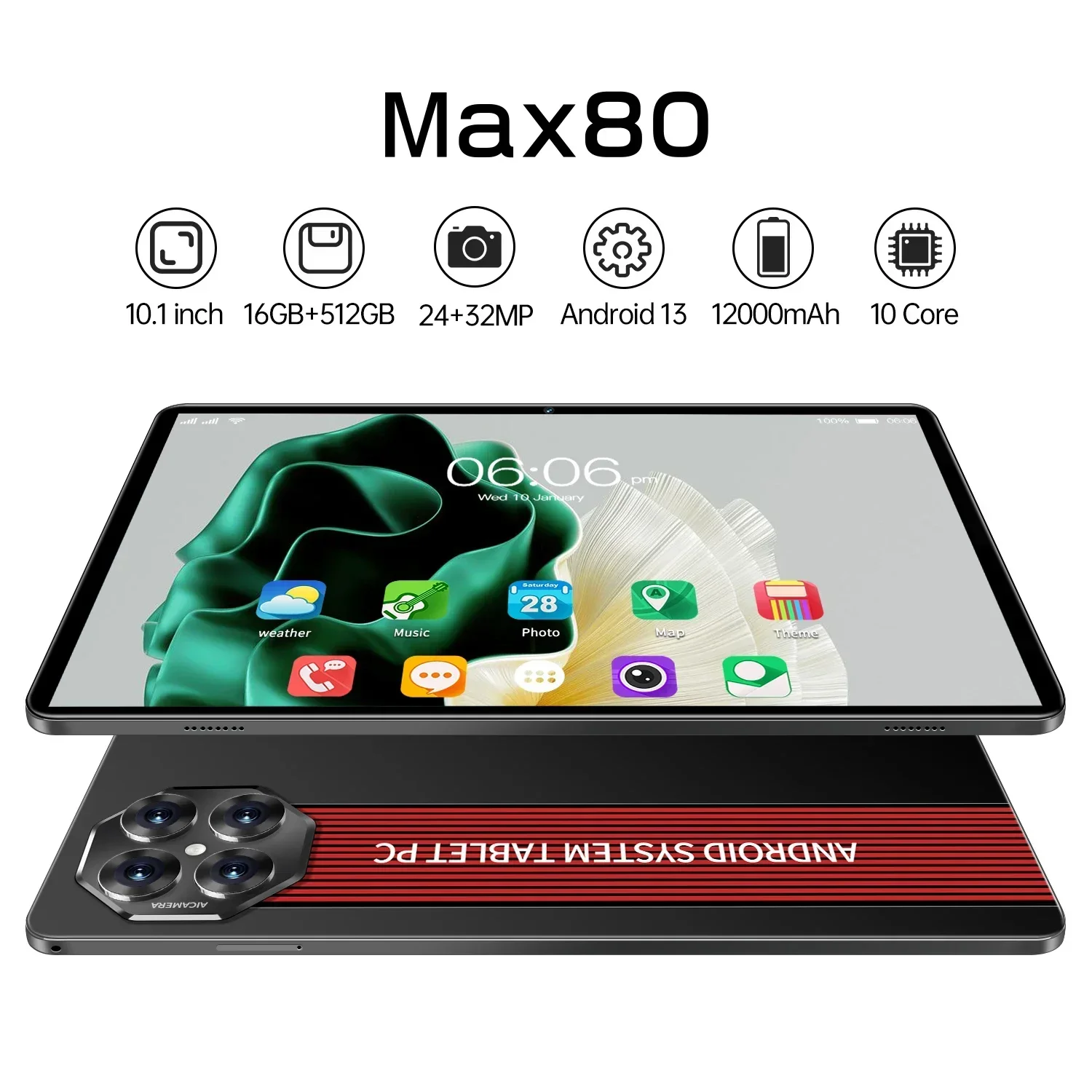 MAX80 Android 13 Tablet: 10.1-inch HD Screen, Dual SIM Dual Standby, 16GB Memory, 12000mAh Battery, GPS Satellite Positioning