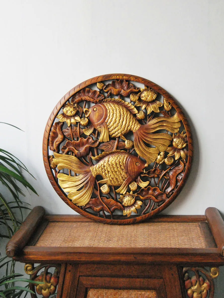 Southeast Asian style home wall decoration fish play lotus carving board pendant wall decoration hand-painted gold