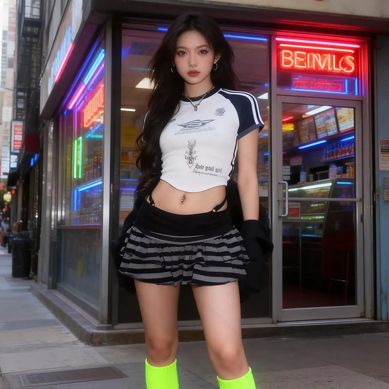 

Винтажная короткая полосатая юбка Y2K 2026, сексуальная женская мини-юбка в стиле колор-блок, корейский и японский стиль, уличная мода