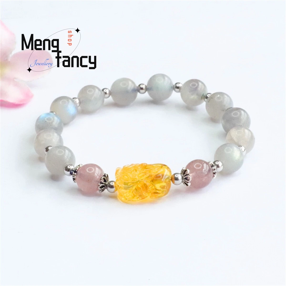 Natural Grey Moonlight Stretched Stone Blue Light Golden Pearl Pixiu Bead String Bracelet Personality Versatile Fashion Jewelry