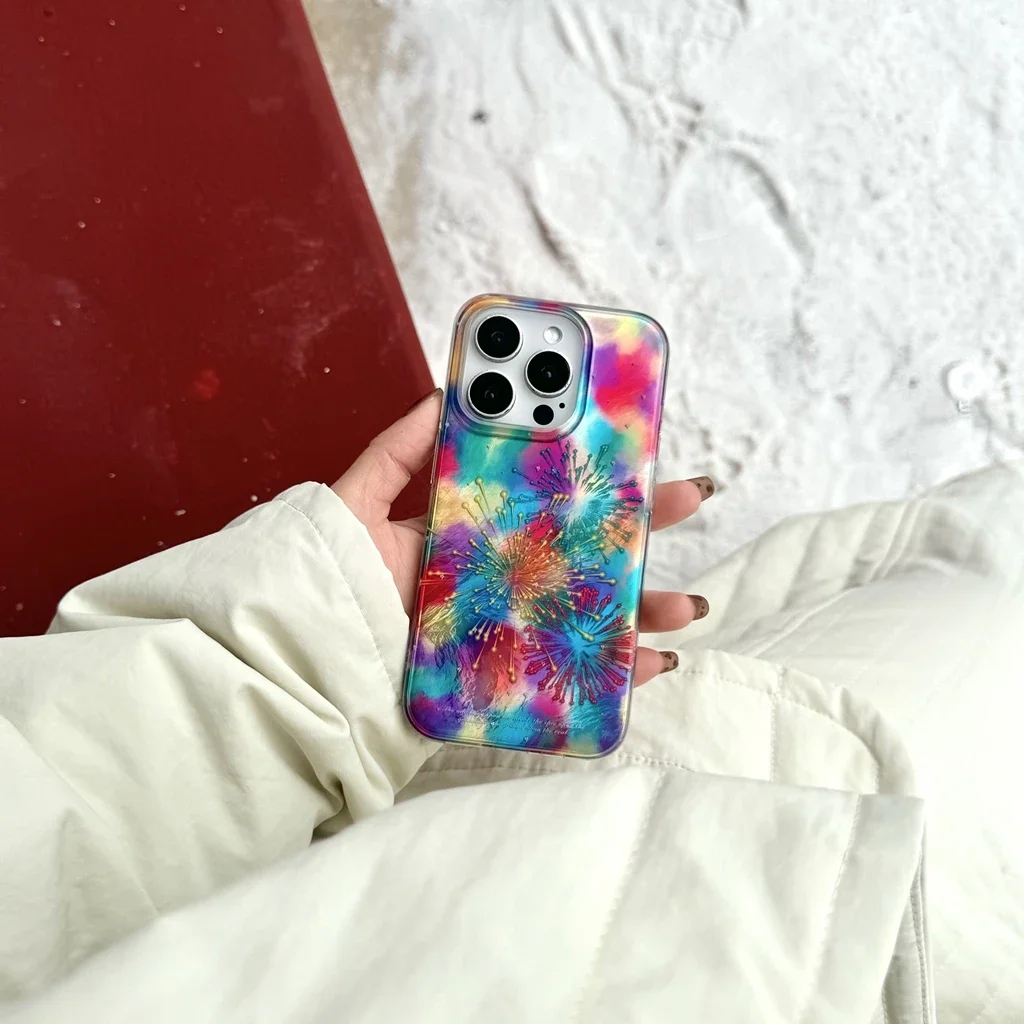 Fireworks Color Gradient Tin Foil Pattern Shockproof Protective Phone Cover Case for iPhone 16 15 14 13 Pro Max