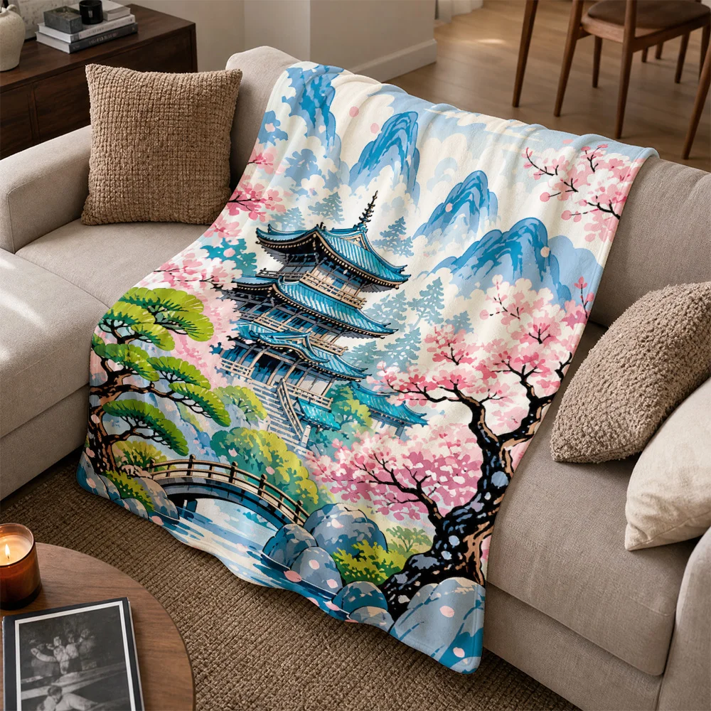 Traditional Asian Cherry Blossom Pagoda Throw Blanket Landscape Scene Decor Cozy Sofa Couch Throw Gift for Japanese Chinese Styl