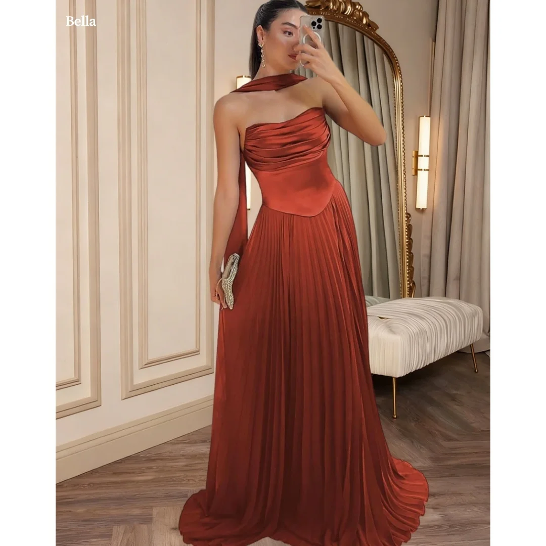 

Bella Customized Rust Orange Halter Strapless Prom Dress Pleated Satin vestidos de noche Formal Evening Elegant Draped Train