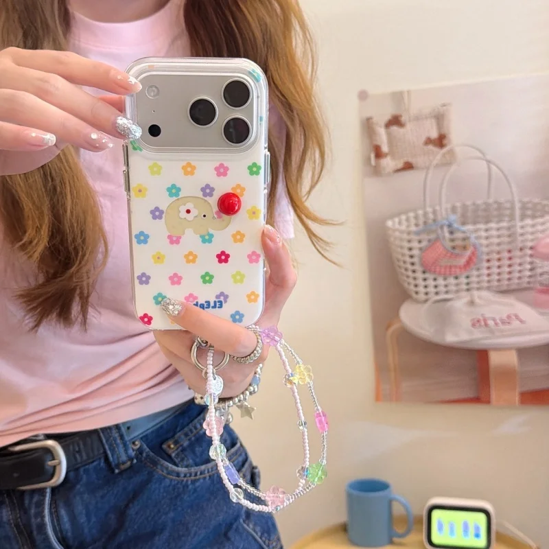

Colorful Little Flower Elephant Cute Phone Case For iPhone 17 Pro 16 15 14 Pro Max Back Cover with Chain Cartoon Protective Case
