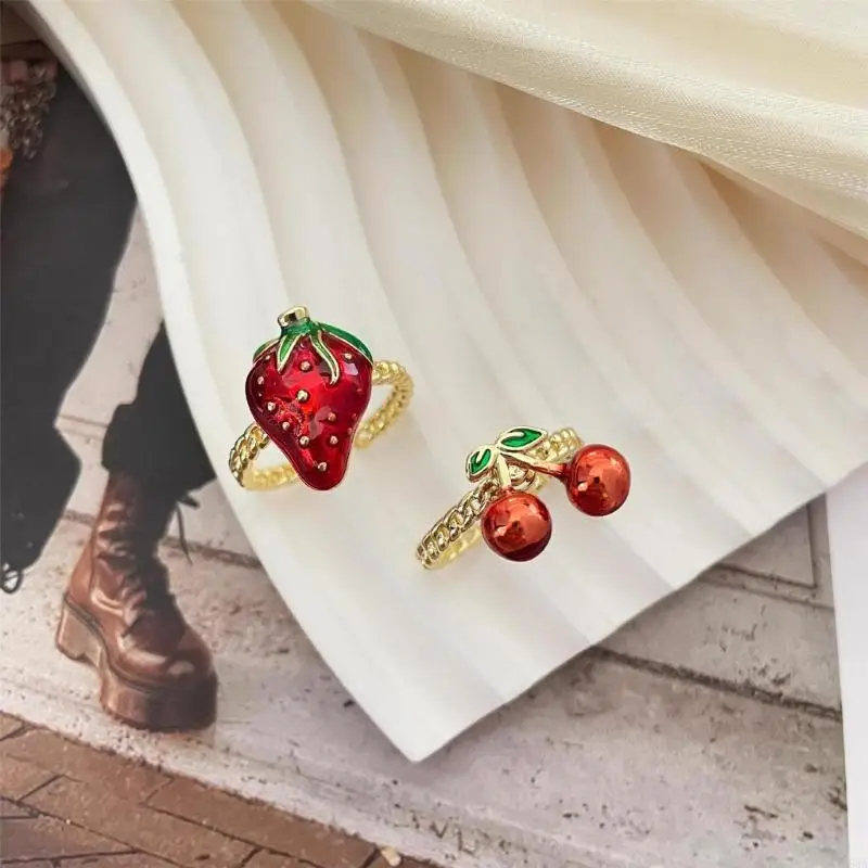 E56A Elegant Strawberry Cherrys Rings Sturdy and Long Time Wear Fashion Accessory