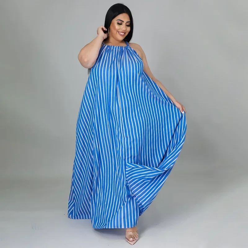 

KEXU Stripe Print Plus Size Women Maxi Dress Sleeveless Hater Long Loose Casual Beach Dress Fashion Bohemian Street Wear