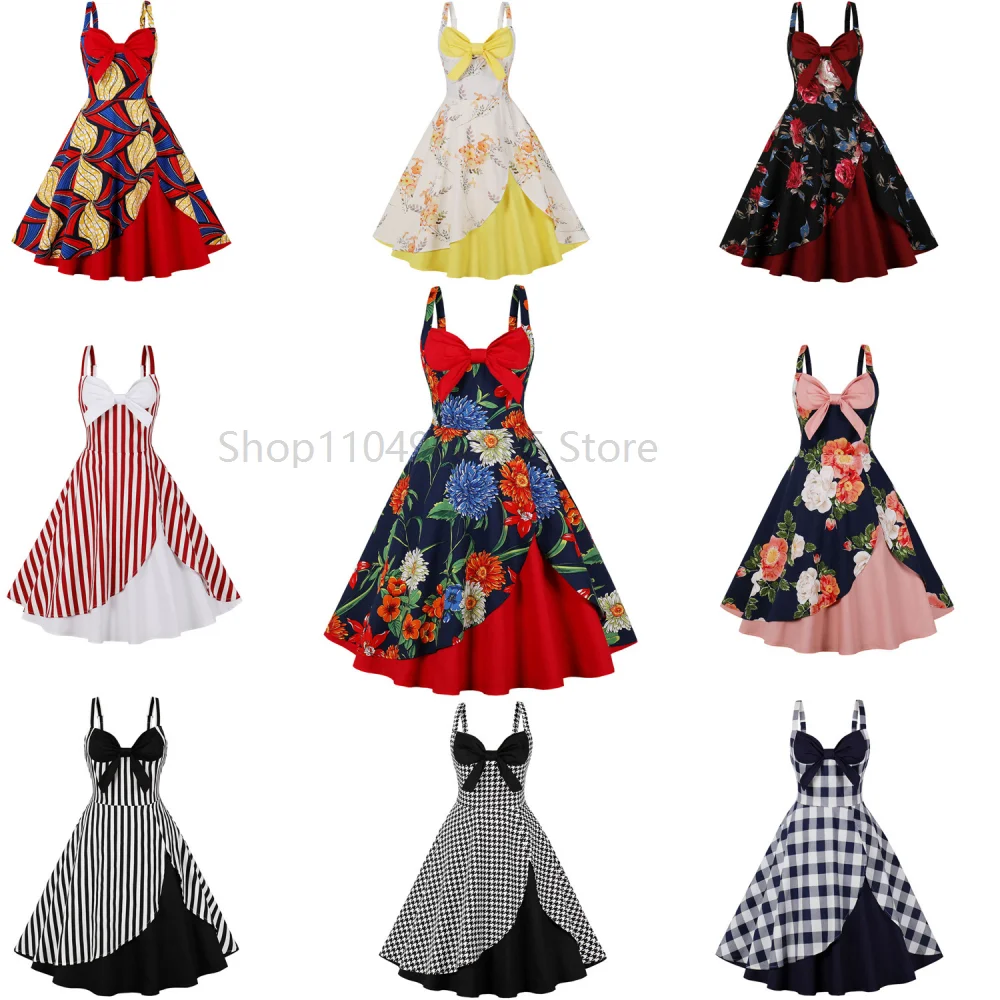 

Summer Retro 50s Dress Women Vintage Cocktail Patchwork Red Striped Printed Spaghetti Straps 1950s Rockabilly Party Dress