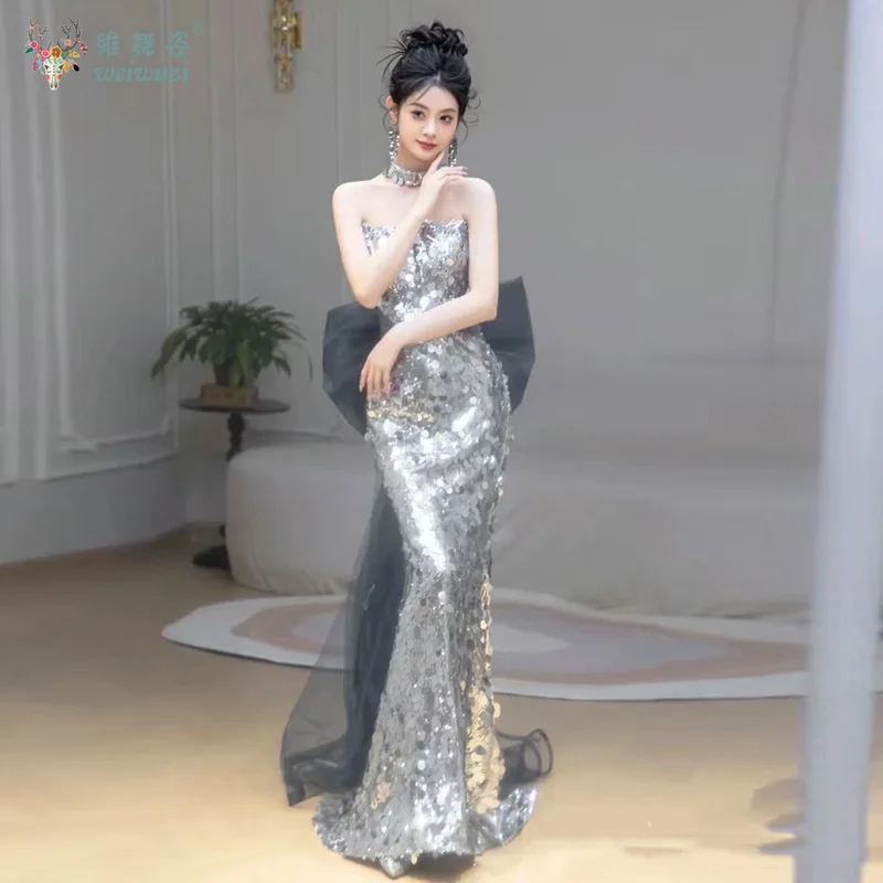 

Silver Glitter French Style Mermaid Evening Gown Strapless Tight Mesh Bow Trailing Quinceanera Dress Bride Engagement Dress