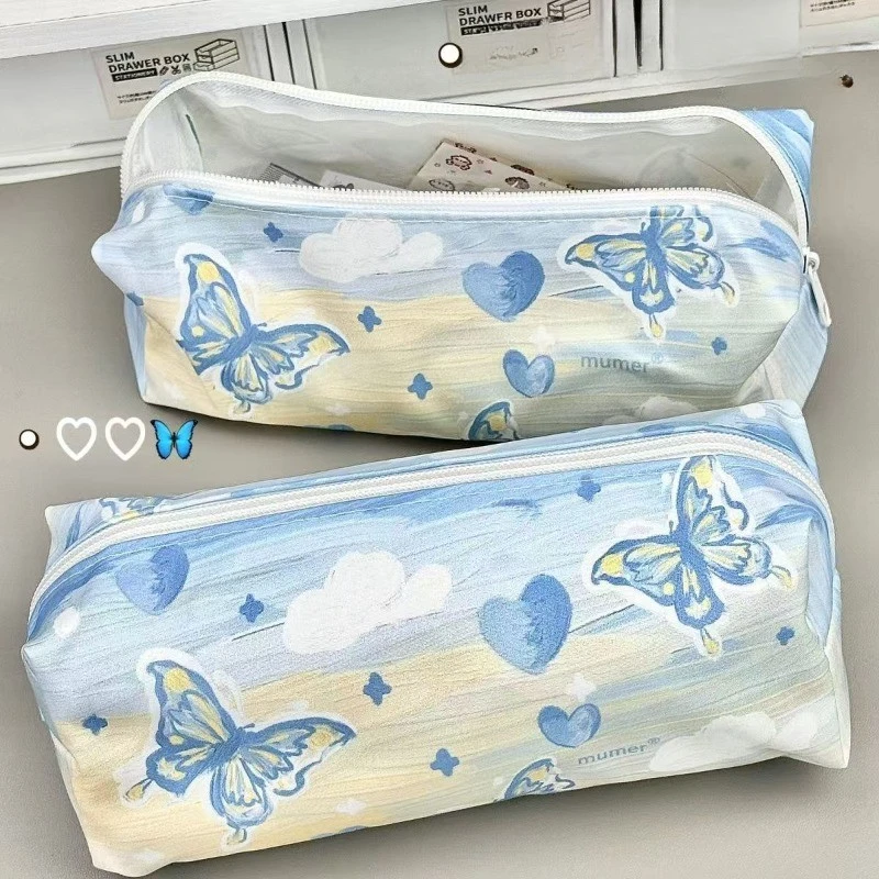 Cute Butterfly Pencil Case Creative Oil Painting Pattern Simple Pencil Bag Large Capacity Multifunctional Stationery Storage Bag